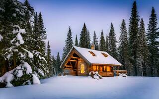 encantador invierno retiro, un tranquilo de madera cabina anidado en un Nevado bosque mundo maravilloso. ai generado foto