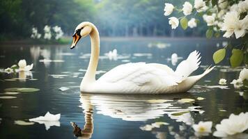 un majestuoso blanco cisne deslizamiento graciosamente en un tranquilo, reflexivo estanque, encarna eterno elegancia y natural belleza. ai generado foto