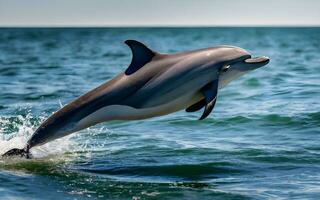 capturar el elegancia, un cerca encuentro con un delfines agraciado salto desde el Oceano lo más hondo. ai generado foto