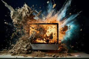 Terrifying Computer desktop exploding. Generate Ai photo