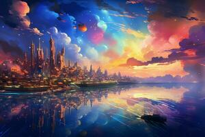 Dreamlike Colorful clouds city. Generate Ai photo