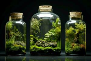 Glass bottle with green ecosystem. Generate Ai photo