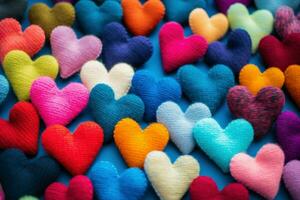 Cozy Colorful woolen hearts. Heart craft on table photo