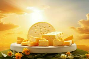Inviting Cheese closeup with sun sunrise. Generate Ai photo