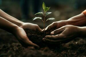 Ecologically-minded Hands planting tree. Generate Ai photo