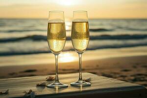 Luxurious Champagne glasses beach. Generate Ai photo