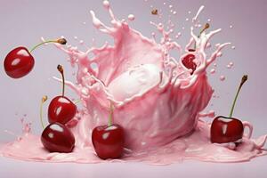 Refreshing Cherry yogurt milk splash. Generate Ai photo