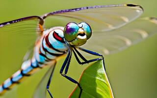 macro maestría, revelador el fascinante detalle en el intrincado ala patrones de un libélula arriba cerca. ai generado foto