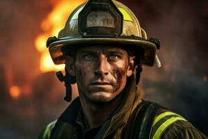 Courageous Fireman with helmet. Generate Ai photo