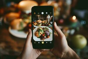 Enthusiastic Person taking photo tasty food. Generate Ai