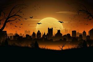 Atmospheric City panorama halloween sunset. Generate Ai photo