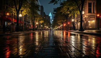 sidewalk at night after rain with wet streets Ai Generative photo