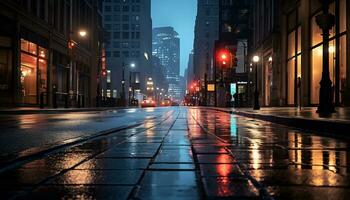 acera a noche después lluvia con mojado calles ai generativo foto