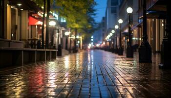 sidewalk at night after rain with wet streets Ai Generative photo