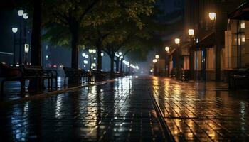 sidewalk at night after rain with wet streets Ai Generative photo