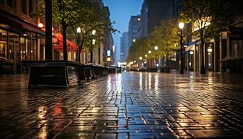 acera a noche después lluvia con mojado calles ai generativo foto