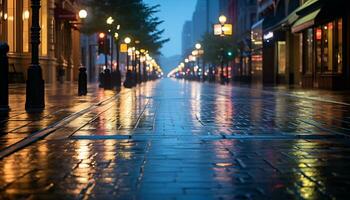 sidewalk at night after rain with wet streets Ai Generative photo