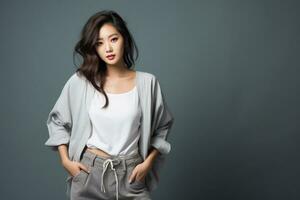 asian model in casual clothes posing in plain solid studio background Ai Generative photo