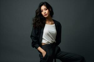 asian model in casual clothes posing in plain solid studio background Ai Generative photo