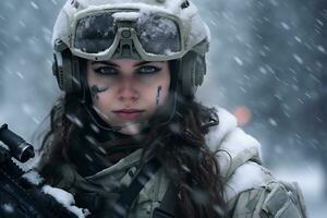 a female soldier is on duty in a snowy place Ai Generative photo