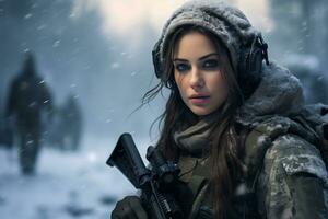 a female soldier is on duty in a snowy place Ai Generative photo