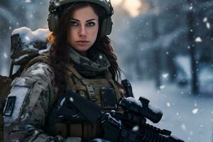 un hembra soldado es en deber en un Nevado sitio ai generativo foto