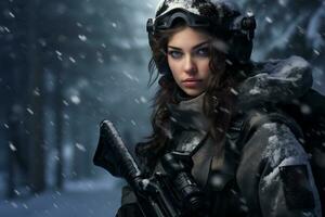 a female soldier is on duty in a snowy place Ai Generative photo