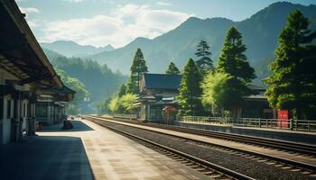 a quiet train station with a backdrop of mountains and pine trees Ai Generative photo