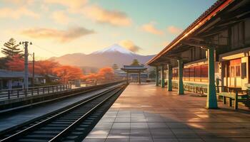 a quiet train station with a backdrop of mountains and pine trees Ai Generative photo