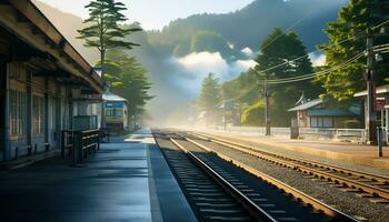 a quiet train station with a backdrop of mountains and pine trees Ai Generative photo