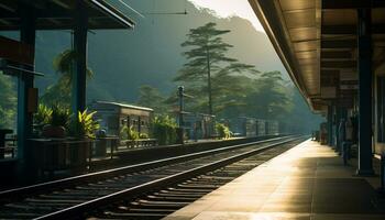 un tranquilo tren estación con un fondo de montañas y pino arboles ai generativo foto