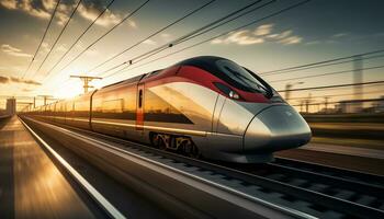 alto velocidad trenes carreras a lo largo el pistas ai generativo foto