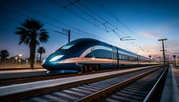 alto velocidad trenes carreras a lo largo el pistas ai generativo foto