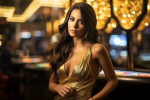 a young woman elegantly dressed in a gold dress in the casino Ai Generative photo