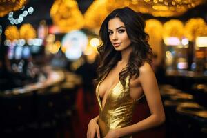 a young woman elegantly dressed in a gold dress in the casino Ai Generative photo
