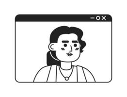 Video call hispanic adult woman black and white 2D cartoon character. Webinar screen entrepreneur female latina isolated vector outline person. Videoconference monochromatic flat spot illustration