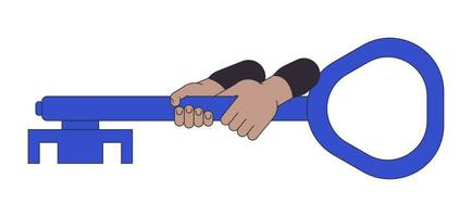 Hand holding key flat line concept vector spot illustration. Trying to open 2D cartoon outline object on white for web UI design. Security editable isolated color hero image