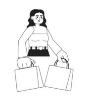 Arabian brunette with shopping bags monochromatic flat vector character. Buying stuff. Editable thin line half body person on white. Simple bw cartoon spot image for web graphic design