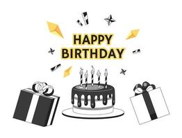 Happy birthday monochrome greeting card vector. Candles birthday cake black and white illustration greetingcard. Surprise party. Gifts present 2D outline cartoon ecard, special occasion postcard image vector