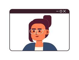 Video call middle eastern woman eyeglasses 2D cartoon character. Webinar screen arab female isolated vector person white background. Millennial worker. Videoconference color flat spot illustration