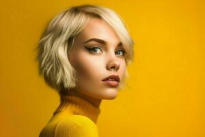 Beautiful Blonde Model Isolated On Yellow Background AI Generative photo