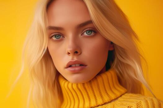Beautiful Blonde Model Isolated On Yellow Background AI Generative photo