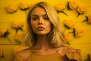 Beautiful Blonde Model Isolated On Yellow Background AI Generative photo