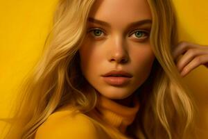 Beautiful Blonde Model Isolated On Yellow Background AI Generative photo