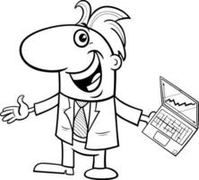 cartoon happy businessman in suit with laptop coloring page vector
