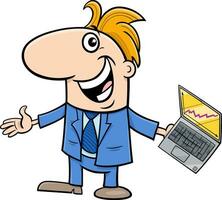 cartoon happy businessman in suit with laptop vector