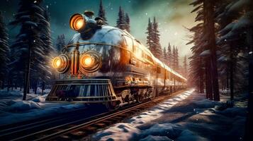 retrofuturista Steampunk tren en medio de siberiano congelado bosque generativo ai foto