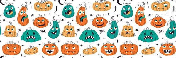 Color pumpkins Halloween seamless pattern. Vector flat illustration. Pattern for background, printing on wrapping paper, wallpaper or fabric. Halloween background.