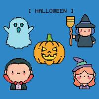 Pixel art Happy halloween items ready. Ghost, witch, pumpkin, bat, ghoul, dracula. Halloween icons and symbols in retro 8-bit game style vector