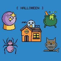 Collection of pixel art of cute characters for Halloween design. spider, haunted house, night cat, magic ball. Vector illustration in 8-bit game style. Cute Pixel Art Happy Halloween Set